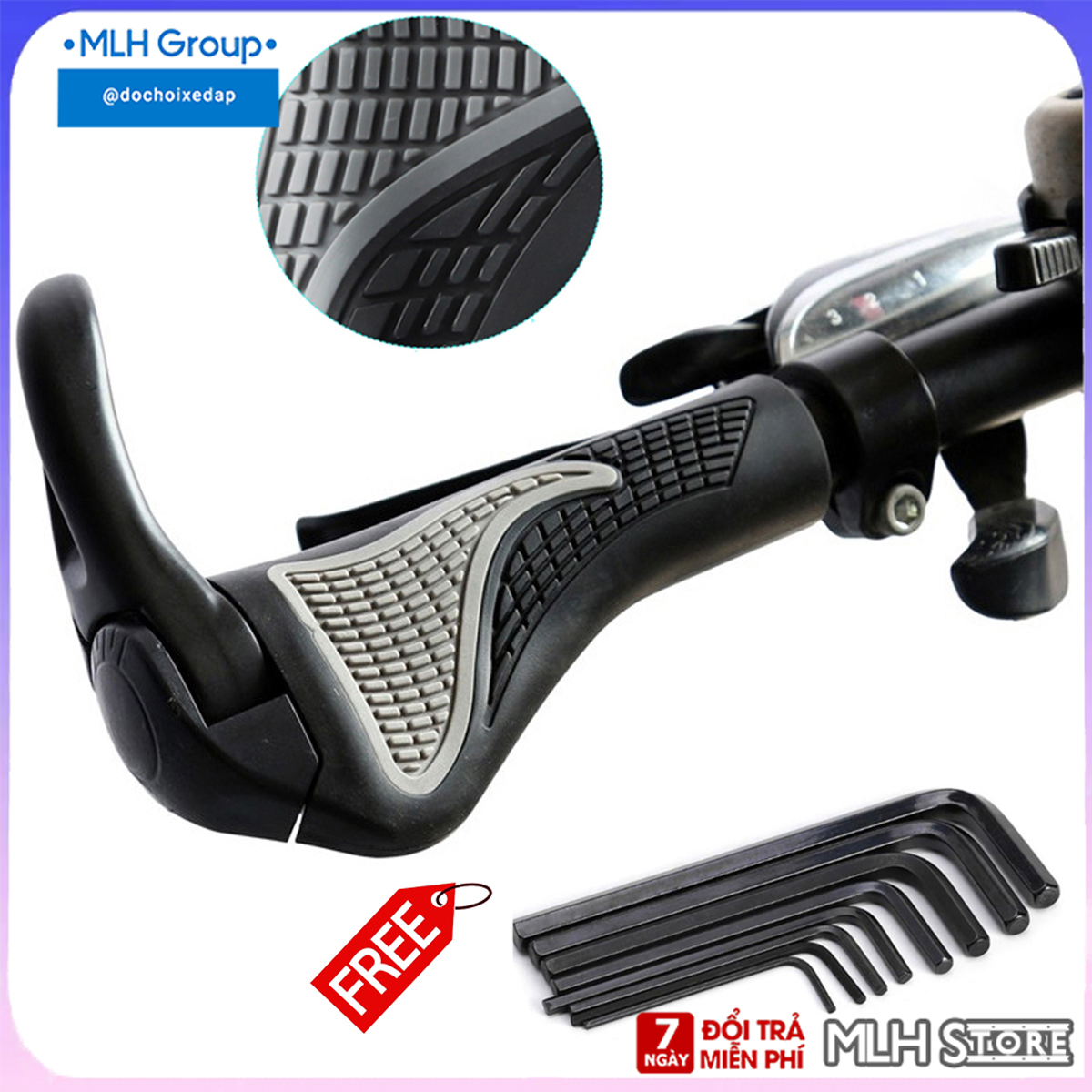 Bộ 2 tay cầm xe đạp bọc cao su MLH chống trơn, thiết kế vừa tay (phi 2.2cm) tặng kèm bộ lục giác 8 size