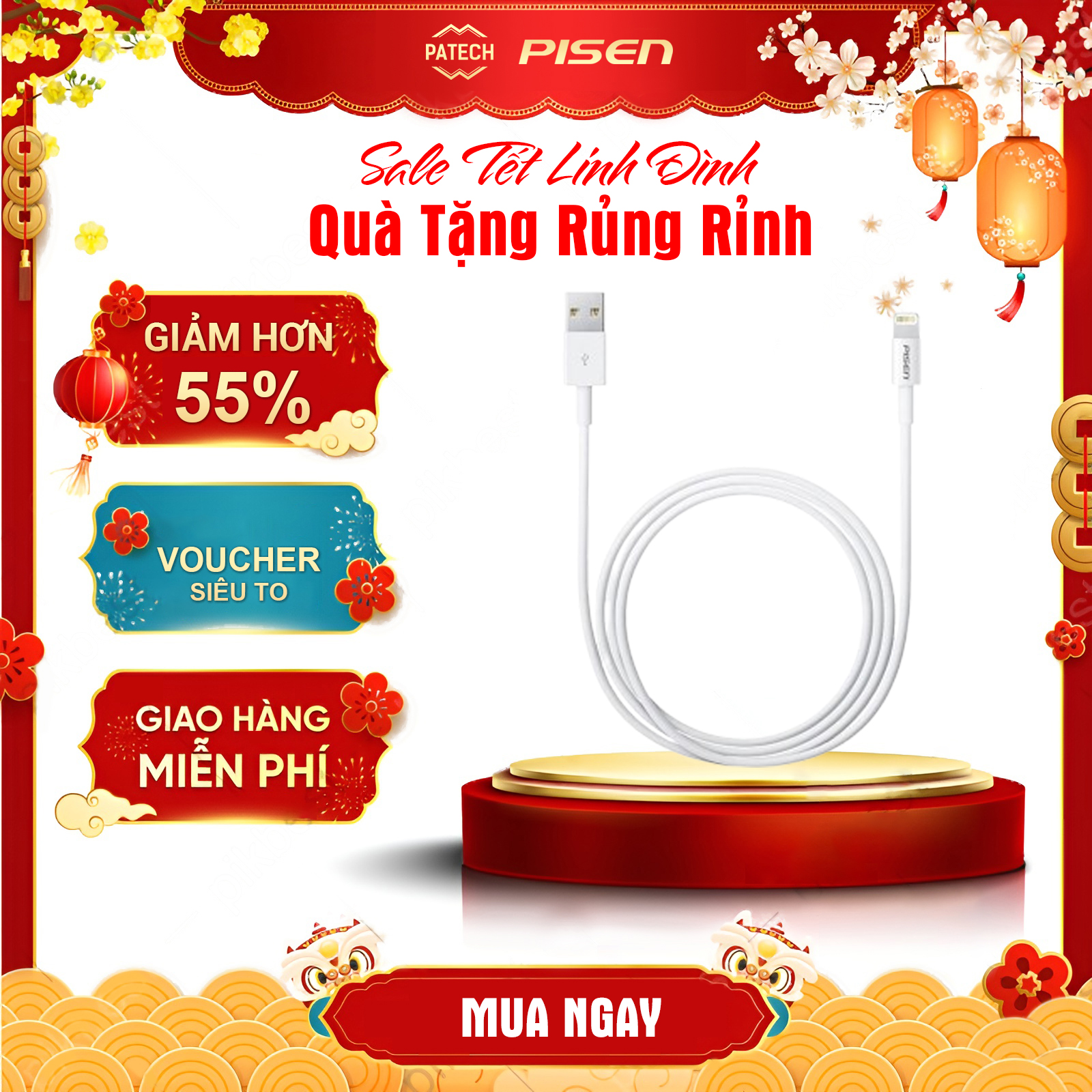 Cáp sạc Pisen 900mm cho điện thoại IP táo, model: AL05-900, bảo hành 18 tháng - Hàng chính hãng