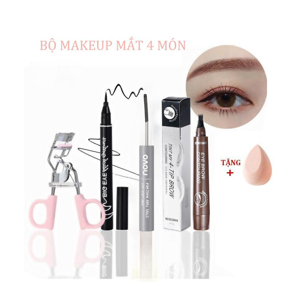 Bộ trang điểm mắt Makeup mắt cơ bản 4 món Bút kẻ mắt, bút kẻ mày 3D, kẹp mi mascara cho người mới học