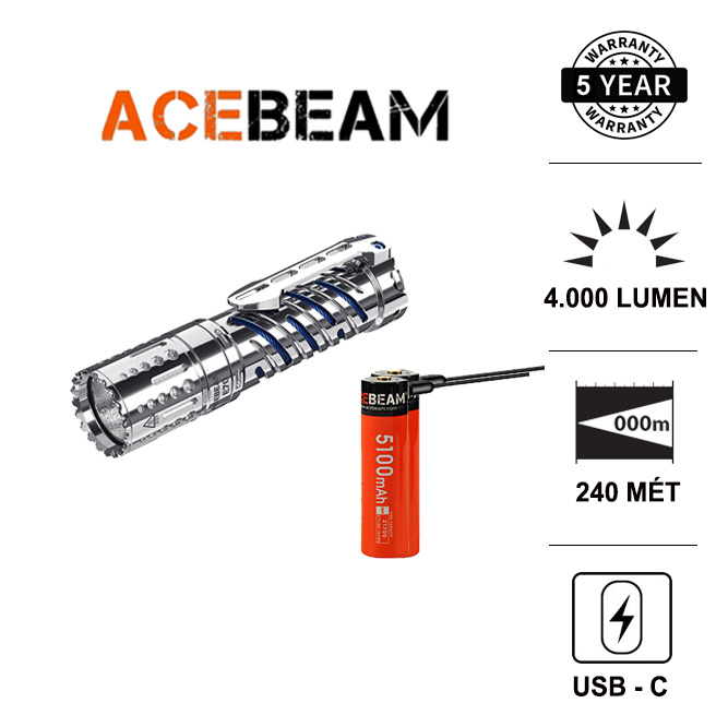 Đèn pin siêu sáng ACEBEAM STAINLESS STEEL E70 sáng 4000 lumen chiếu xa 220m LED XHP70.2 dùng pin 21700 (kèm theo) Đèn Đèn pin