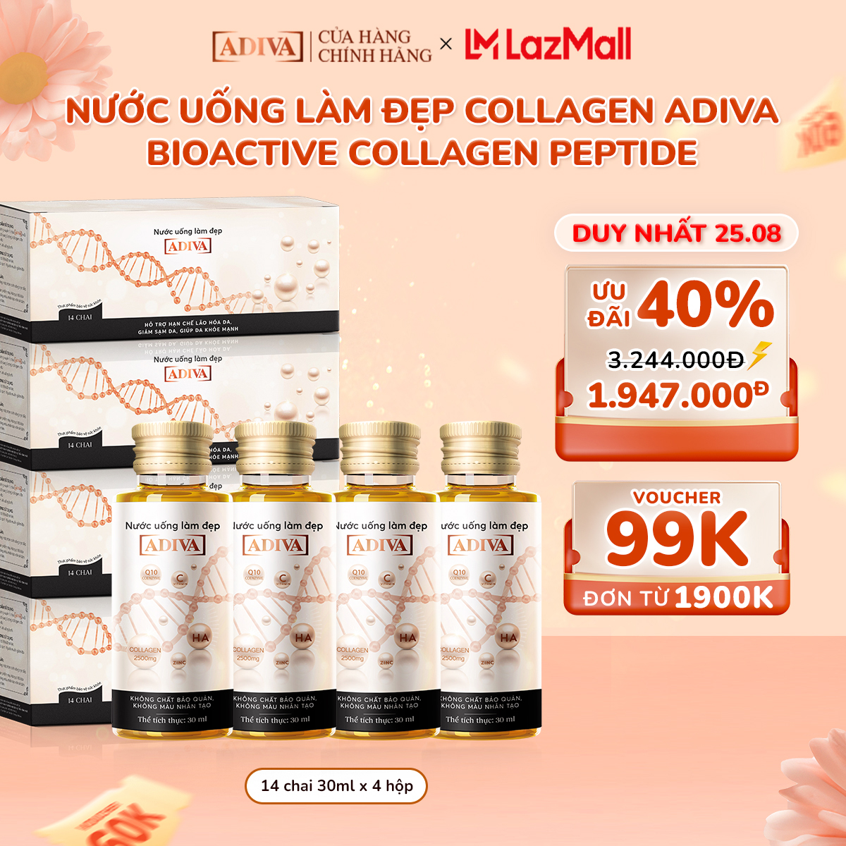 Combo 4 Hộp Nước Uống Làm Đẹp Collagen ADIVA Tem Trắng (14 Chai/Hộp)- Giúp Làn Da Săn Chắc, Ẩm Mịn Và Căng Bóng