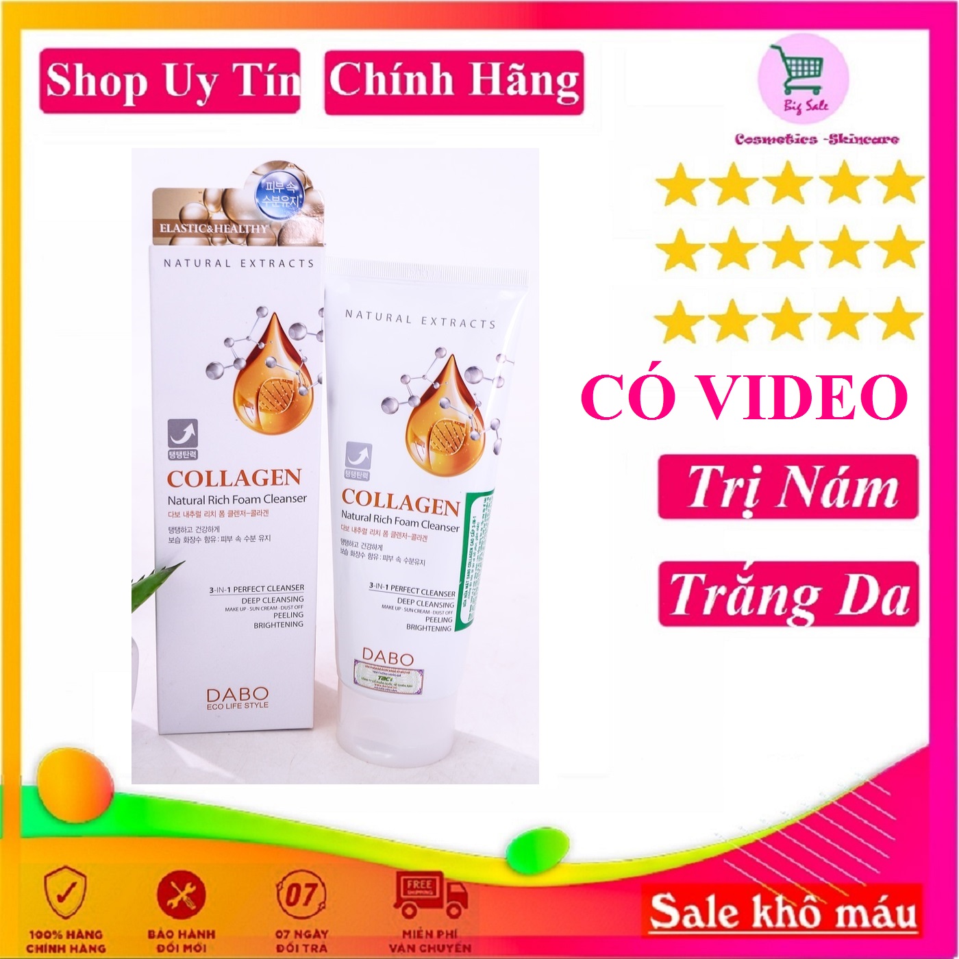 Sữa rửa mặt trắng da, ngừa nám xạm collagen dabo hàn quốc 180ml