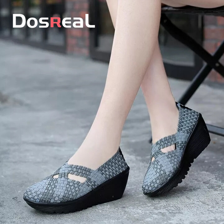 Dosreal giày sandal nữ mùa hè dệt đế độn nữ slip on thời trang