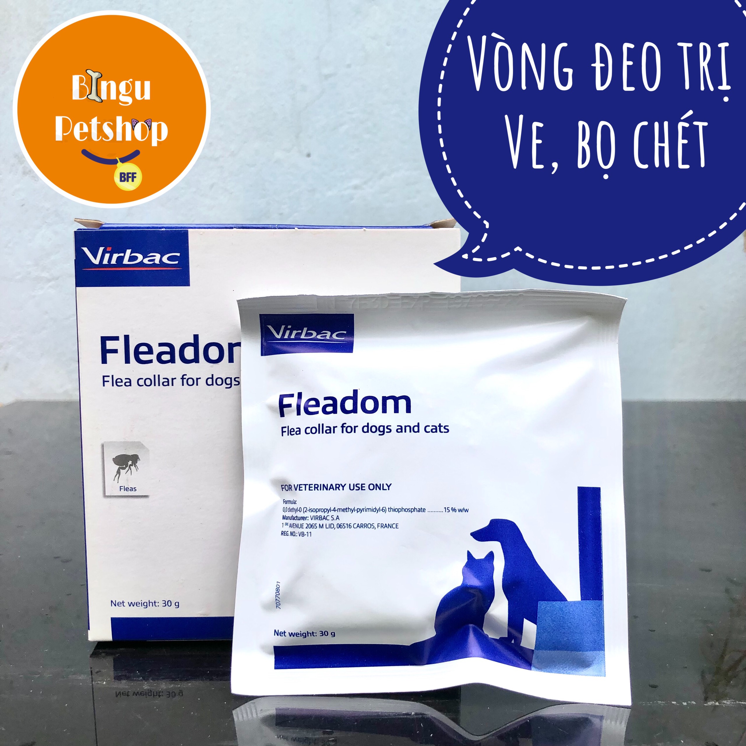 Vòng đeo cổ trị ve, trị rận, bọ chét, ghẻ cho chó, mèo Fleadom của Virbac (Pháp)