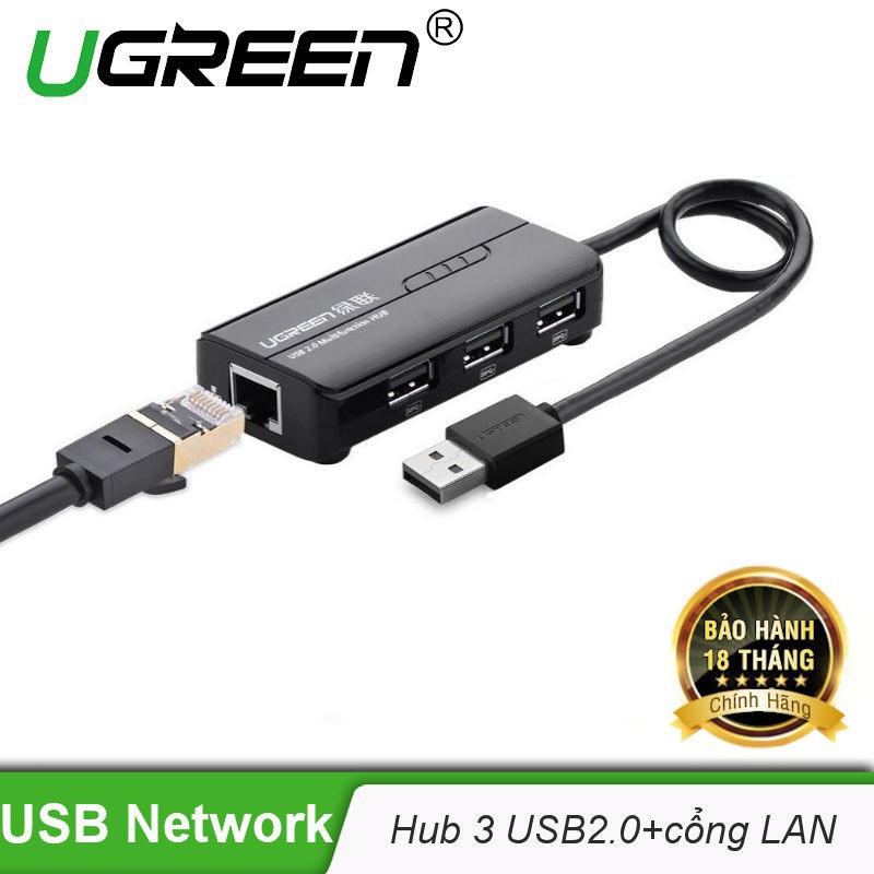 Bộ chia 3 cổng usb 2.0 và 1 cổng lan ethernet 10/100mbps ugreen 20264