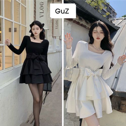 Đầm dự tiệc thiết kế cổ vuông phối nơ bụng dáng xòe ôm body phong cách hàn quốc GUZ