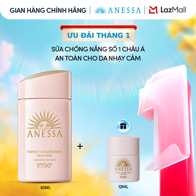 CHỈ 20h 31.12-03.01|Mua 1 tặng 1 Sữa chống nắng dưỡng da dịu nhẹ an toàn cho da nhạy cảm và trẻ em Anessa Mild Milk SPF50+ PA++++ 60ml
