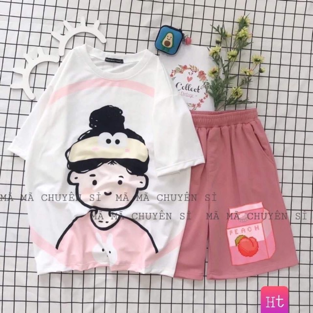 Sét áo cô gái bờm ếch + quần đùi, Áo thun nam nữ, quần kaki, quần nữ, sét bộ mặc ở nhà, áo thun tay dài, quần jean ống rộng - THE THY