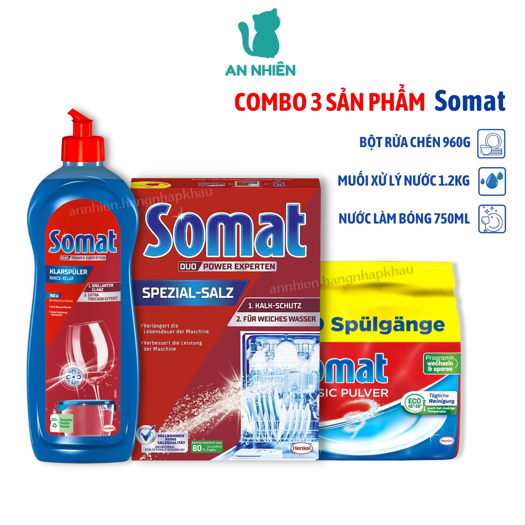 Combo bột rửa chén 960g, muối xử lý nước 1.2kg và nước làm bóng Somat 750ml của Đức
