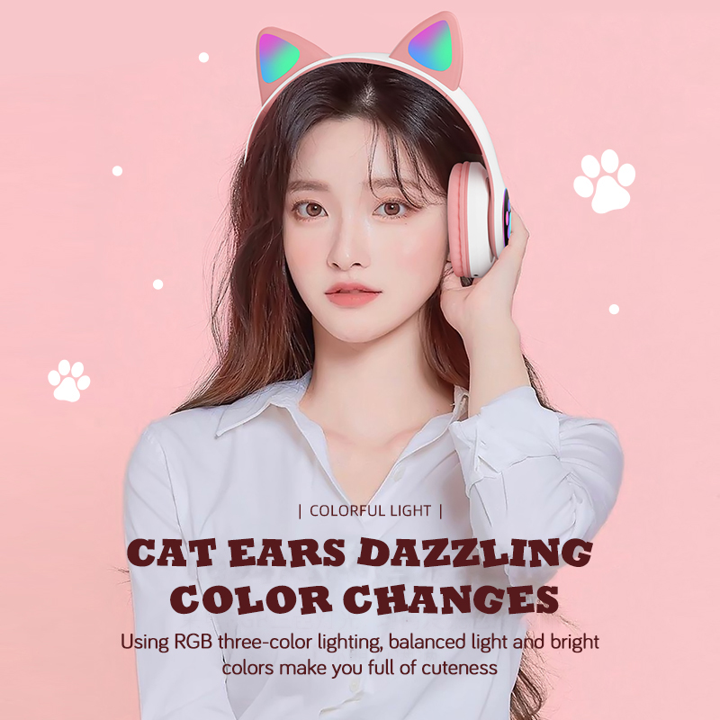 Tai nghe mèo bluetooth chụp tai, tai nghe tai mèo bluetooth chống ồn có thể gập gọn lại tiện lợi, tai nghe dễ thương có đèn led