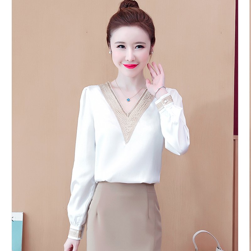 Áo sơ mi công sở nữ cổ V viền ren sang trọng size M L XL