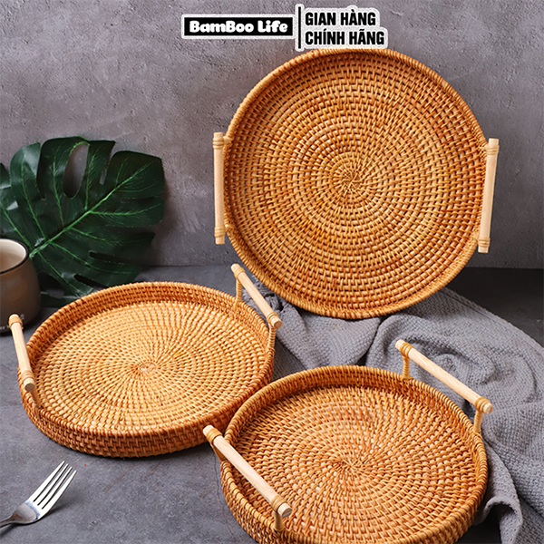 Khay mây tre đan có tay cầm - khay đa năng đựng đồ ăn, decor, khay uống trà - trang trí, decor nhà cửa