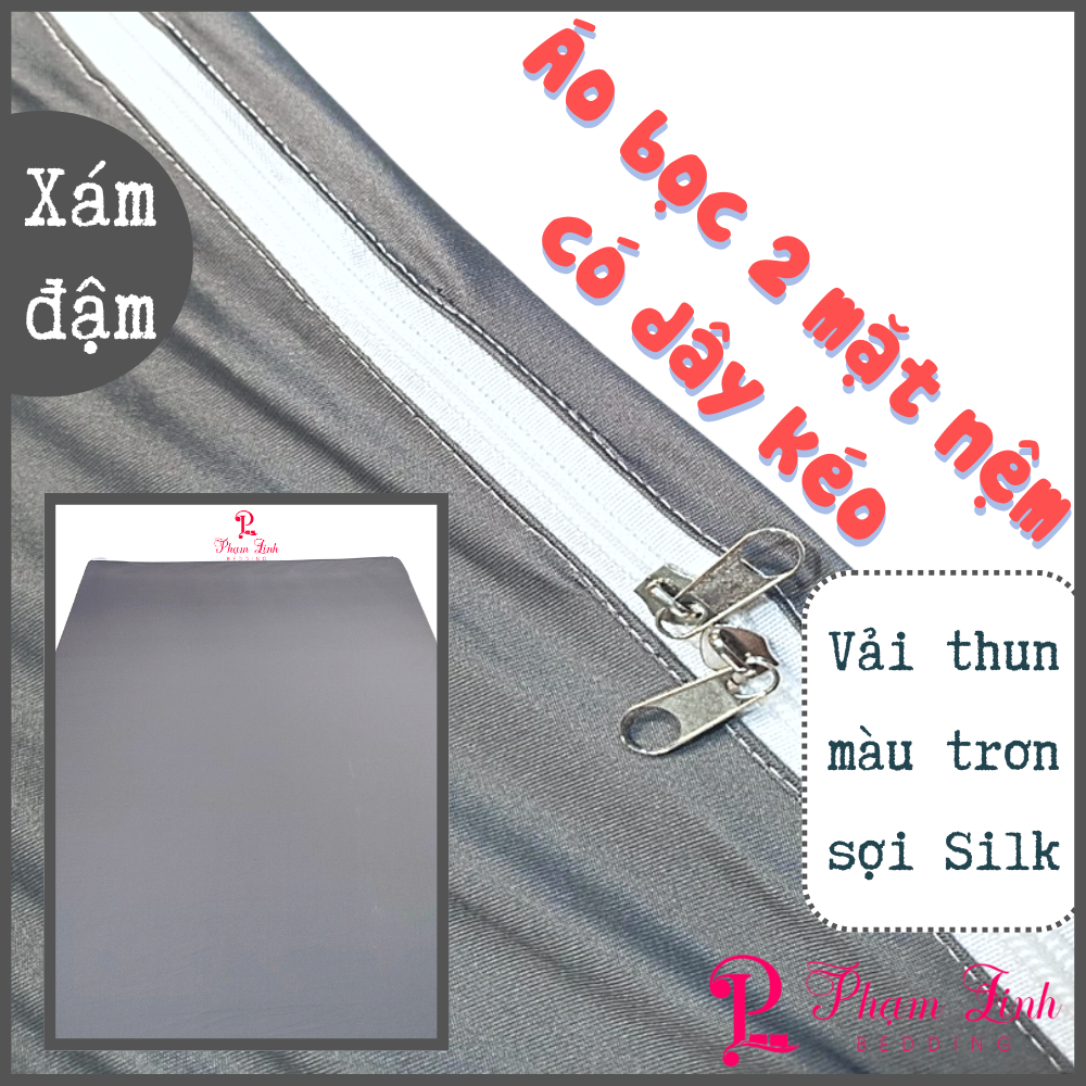[Xám đậm] Áo bọc nệm 2 mặt dây kéo vải thun sợi siu (silk) màu trơn Hàn Quốc vỏ bọc bảo vệ nệm [Size 0,8m->2m2] [Độ dày: 5->30cm]