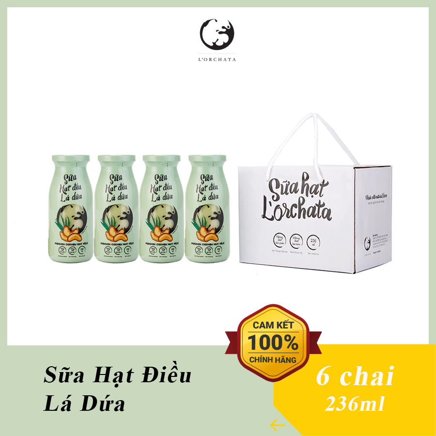 Hộp 6 chai sữa hạt l'orchata vị hạt điều lá dứa, ít đường, không chất bảo quản, tốt cho tim mạch, tăng đề kháng