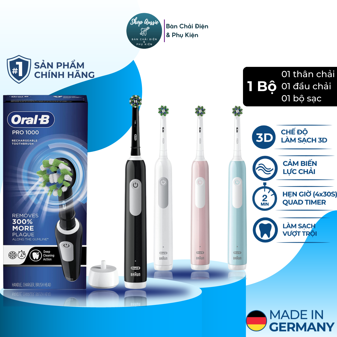 Bàn Chải Đánh Răng Điện Oral-B Pro 1000 - Làm Sạch 3DAction, Hẹn Giờ 2-Phút, Cảm Biến Lực Chải, Nhiều Màu Sắc