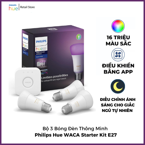 Bộ 3 Bóng Đèn thông minh 16 triệu màu Philips Hue White and Color Ambiance Starter Kit E27 gồm Bridge