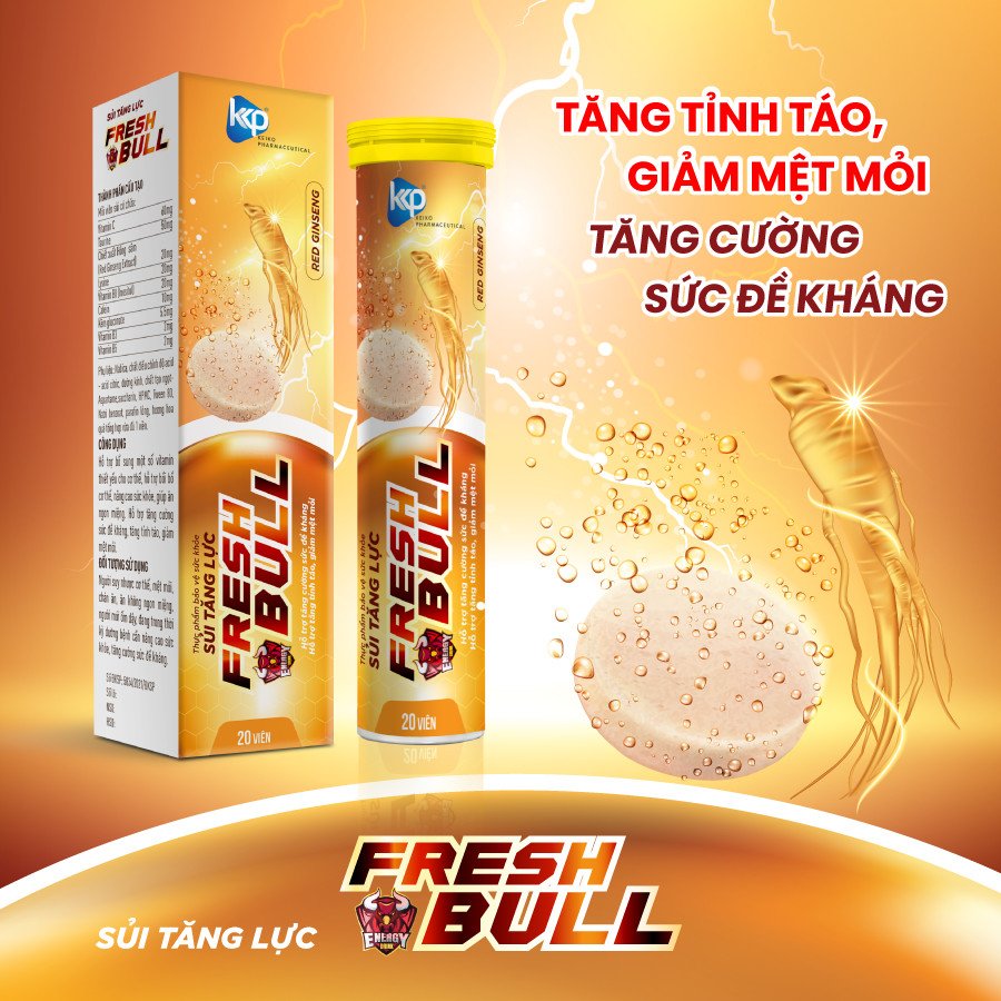 Viên sủi tăng lực Fresh Bull tăng sinh lực, tỉnh táo, giảm mệt mỏi, tăng sức đề kháng - Tuýp/20 viên
