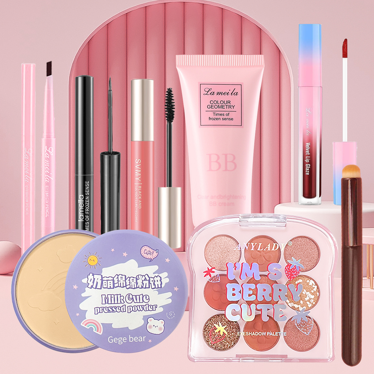8 món Bộ trang điểm đầy đủ kem BB+Bảng phấn mắt 9 màu+son kem+mascara+phấn phủ+chì kẻ mày+bút dạ kẻ mắt+miếng bọt biển trang điểm