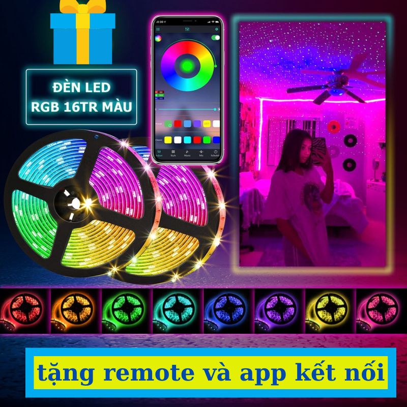 Cuộn dây đèn Led dây dán 5m đổi nhiều màu có remote điều khiển - Đèn Led Tiktok Trang Trí Phòng Ngủ