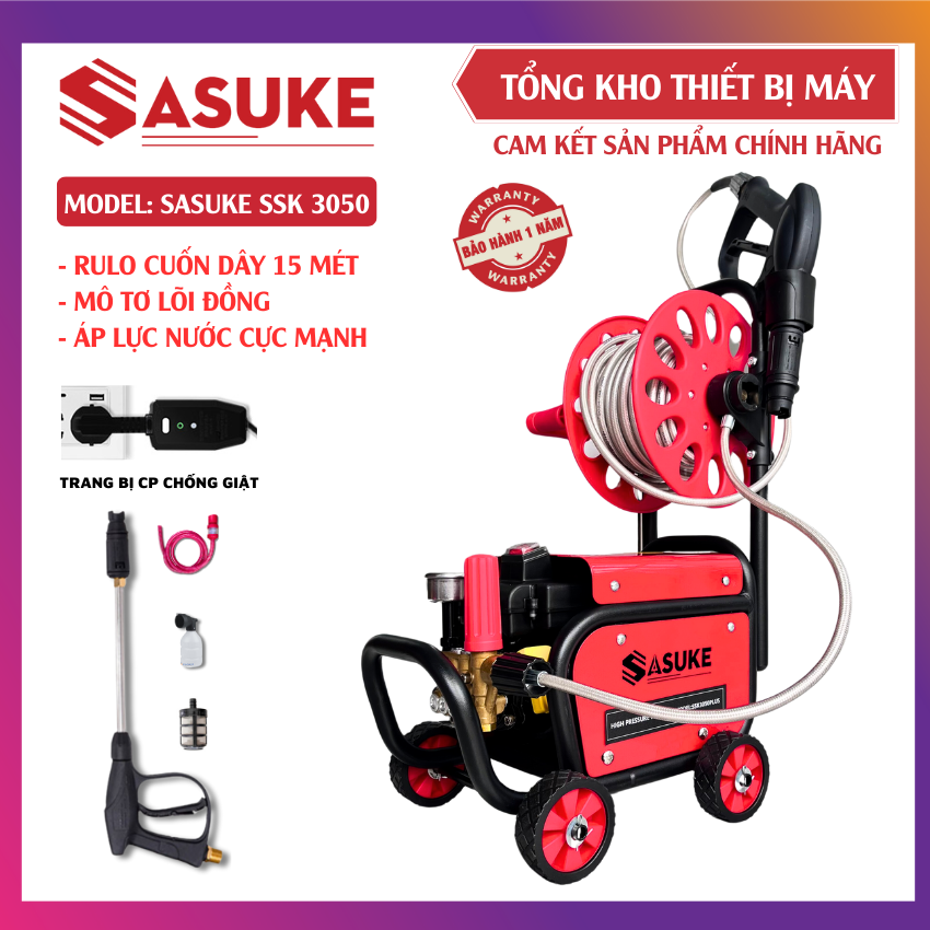  Máy rửa xe Sasuke SSK3050Plus Mô Tơ Lõi Đồng Rulo Cuốn Dây 15 Mét Xịt Rửa Cực Mạnh 