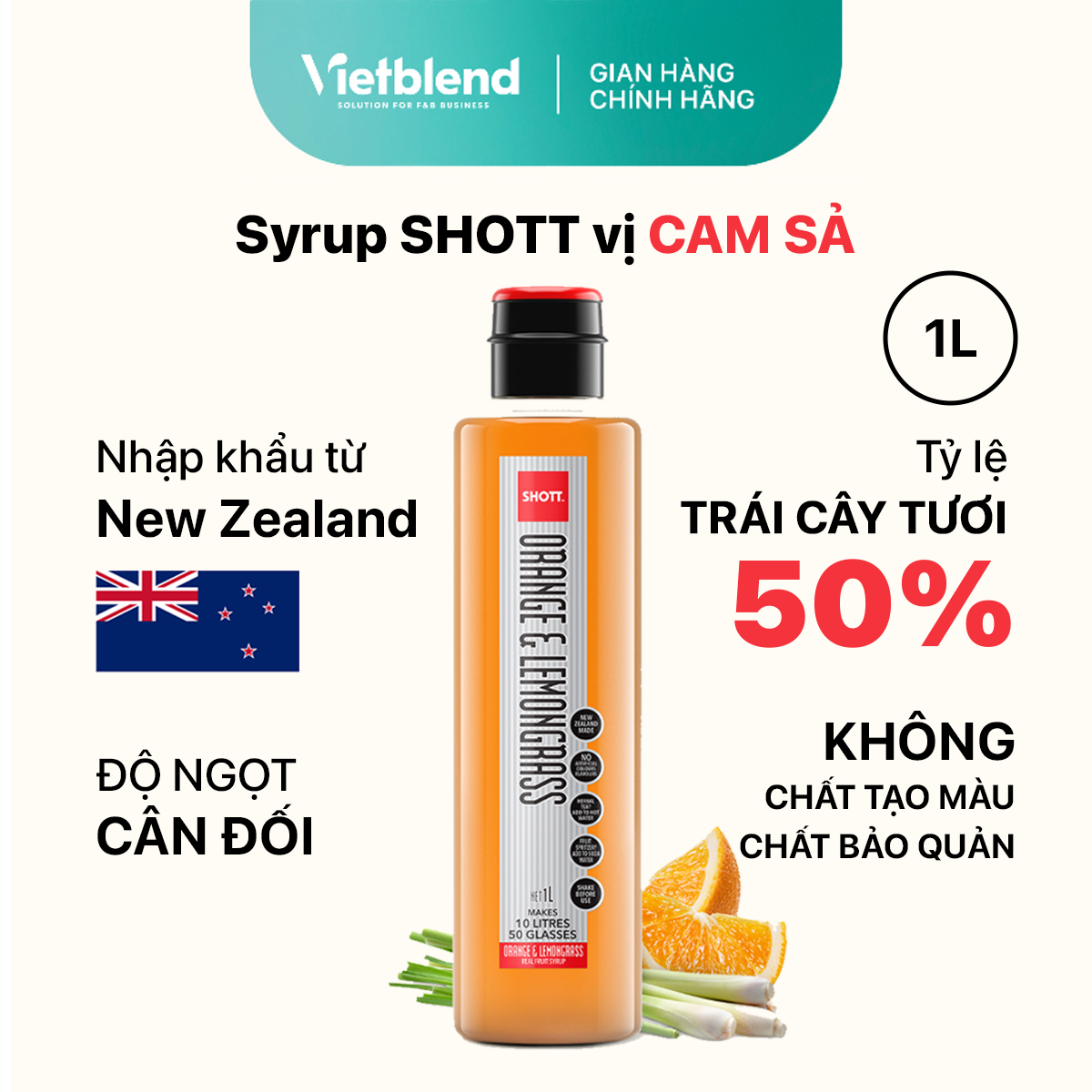 Syrup Pha Chế SHOTT - Vị Cam Sả (Orange Lemongrass) - Chai 1L