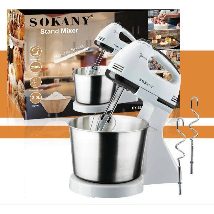 -máy đánh trứng cầm tay sokany 250w cx-6620 - máy đánh trứng, nhào bột sokany - công suất 250w - 7 tốc độ trộn bột - dễ dàng sử dụng - dễ vệ sinh - tặng tô inox 2l - bảo hành 12t