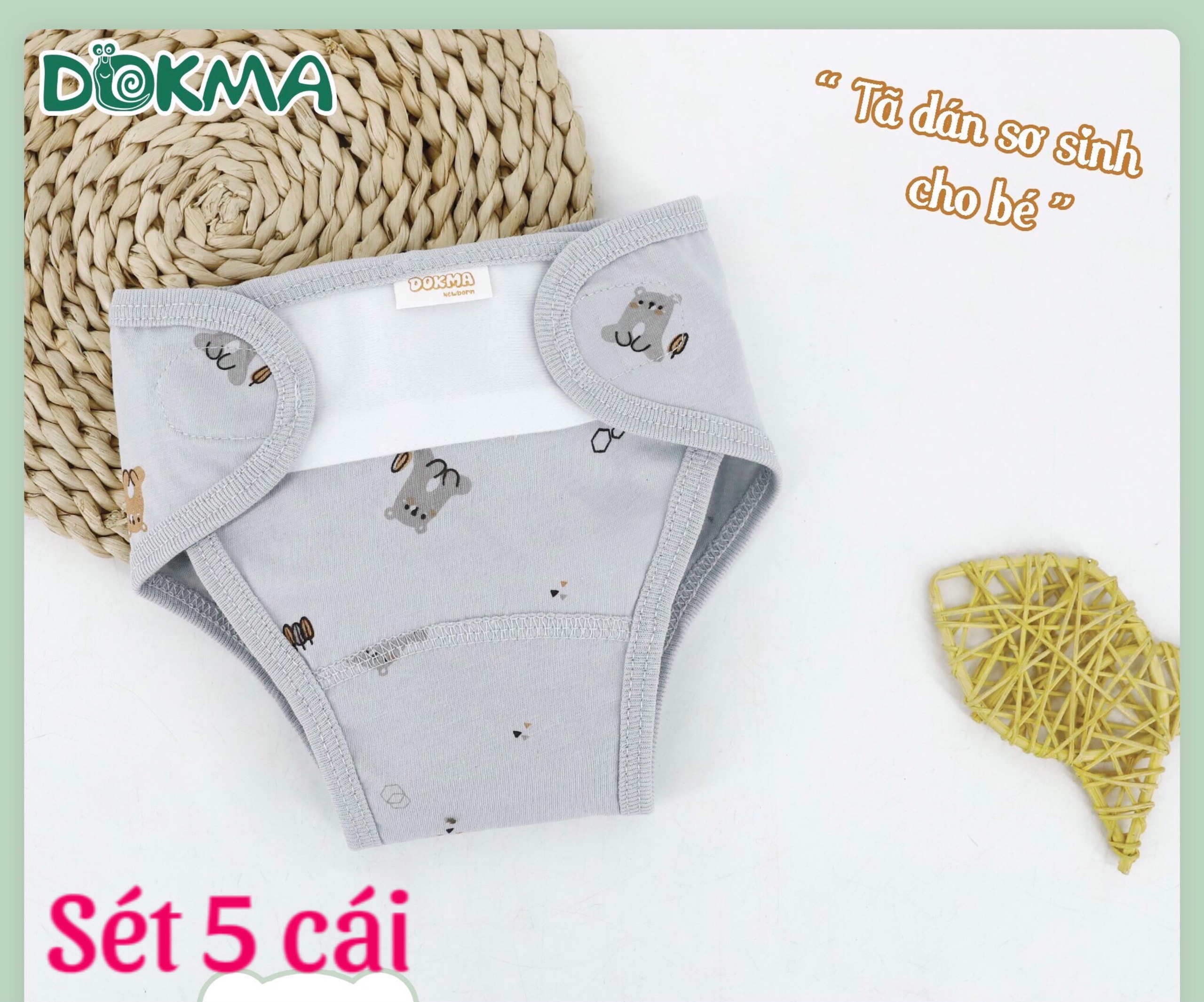 Combo 5 Tả vải dán sơ sinh Quần đóng bỉm sơ sinh Dokma 0-3 tháng