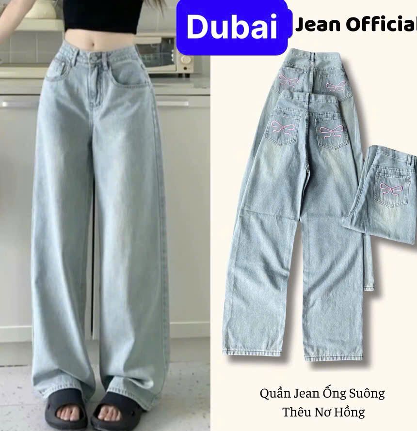 QUẦN BAGGY JEAN NỮ CHẤT BÒ ỐNG SUÔNG RỘNG THÊU NƠ HỒNG CẠP CAO LƯNG CAO NÂNG MÔNG SIÊU HOT TREND 2024 - DUBAI FASHION 