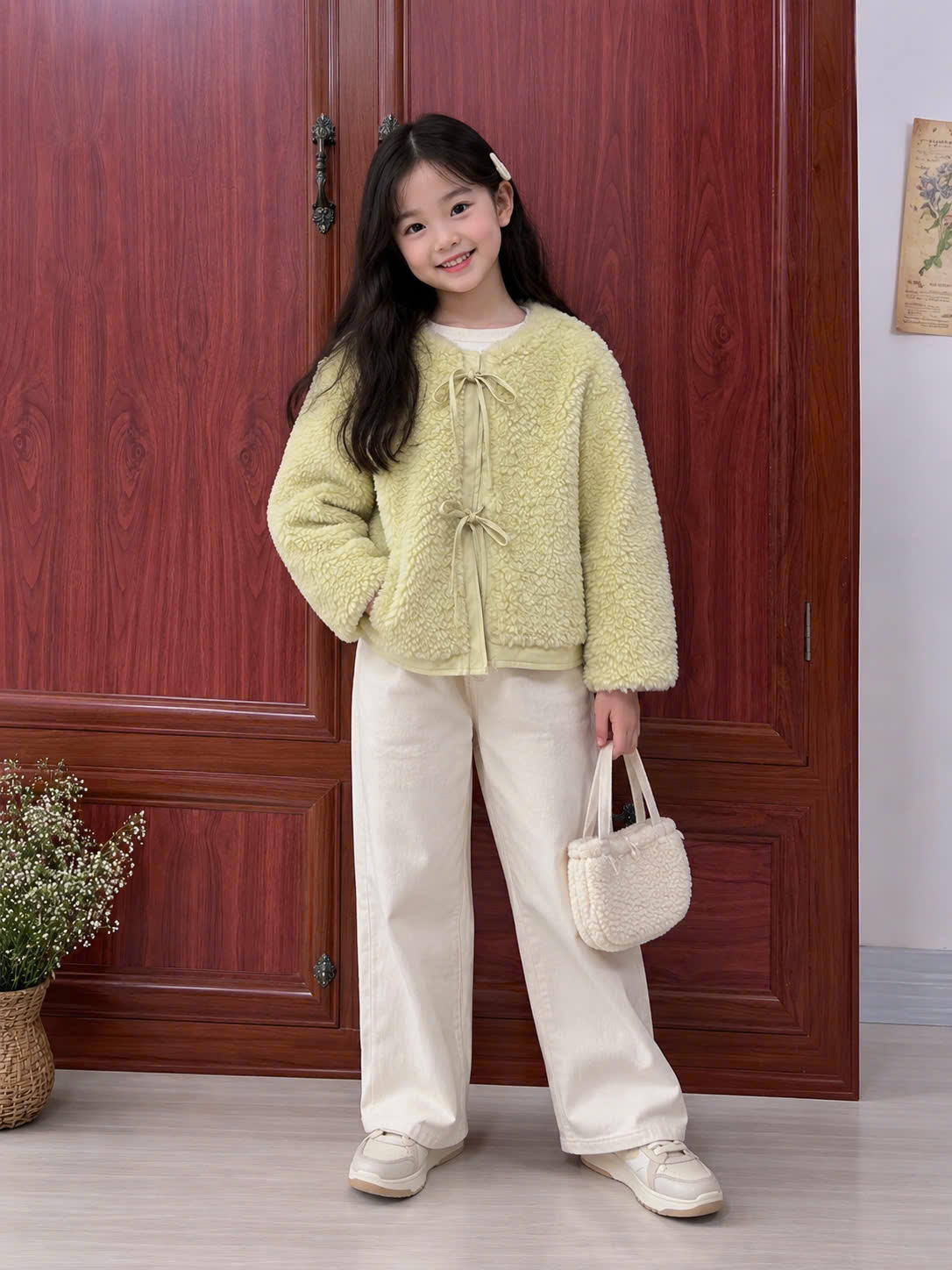 Áo khoác lông cừu màu vàng gà con cho bé gái QC hàng lẻ SIZE