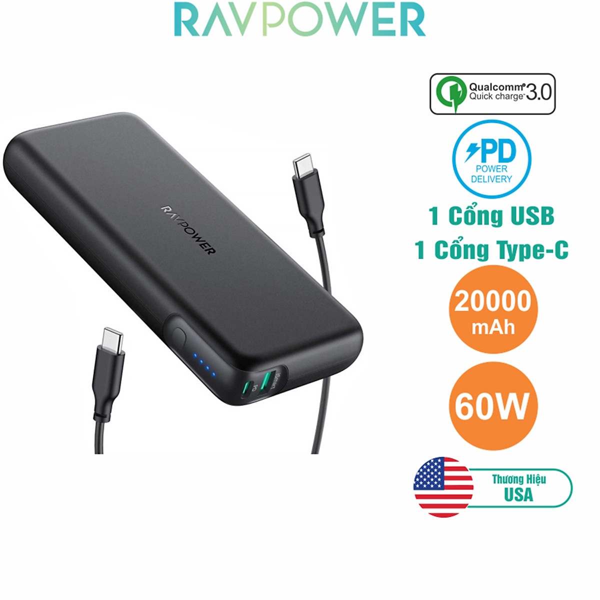 Pin Sạc Dự Phòng RAVPower 20000mAh Quick Charge 3.0 + PD 60W In/Out Type-C Sạc Được Macbook - RP-PB201