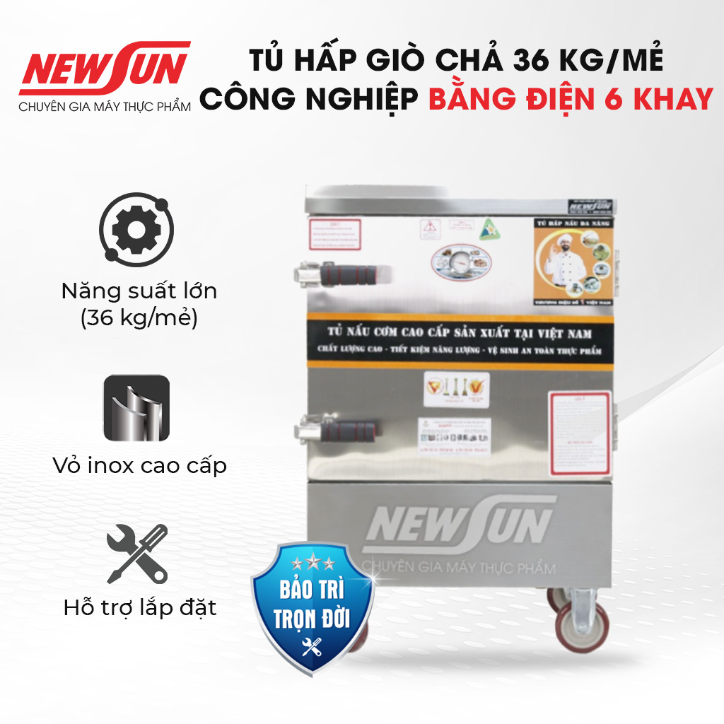 Tủ hấp giò chả 36 kg/ mẻ bằng điện newsun 6 khay việt nam - không tủ điều khiển - hàng chính hãng