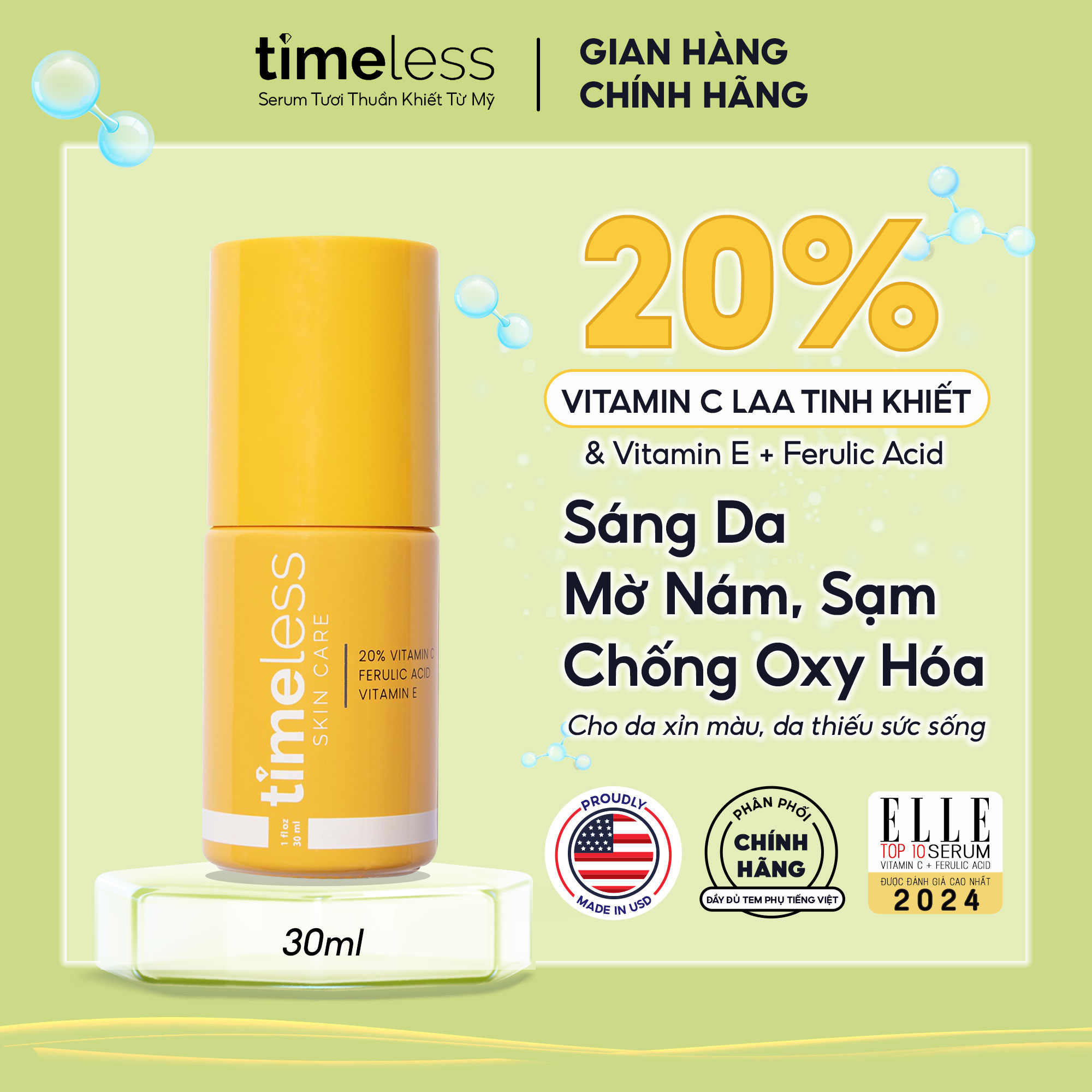 Serum Hỗ Trợ Làm SángDa Giảm Thâm Mờ Nám Timeless 20% Vitamin C + E + Ferulic Acid 30ml