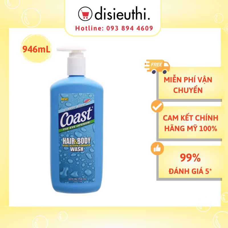 Sữa Tắm Gội Cho Nam Coast  2in1 Coast Hair and Body Wash Classic Scent Chai Lớn 946ml - 532ml Thích Hợp Với Mọi Loại Da Hàng Nhập Mỹ