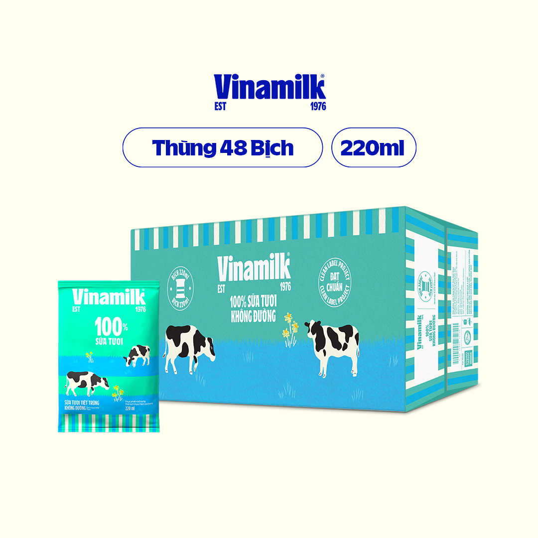 Thùng 48 bịch Sữa tươi tiệt trùng không đường Vinamilk 100 Sữa tươi 220ml