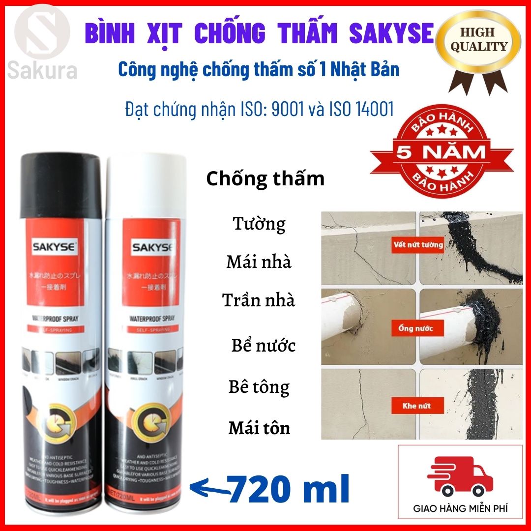 Sơn Xịt Chống Thấm Sakyse Nhật Bản 720ML Trắng- Đen - Bình xịt Chống Dột Chống Thấm Tường, Trần, Mái Nhà, Sân Thượng, Bình Xịt Chống Thấm, Bình Xịt Chống Dột Công Nghệ NANO