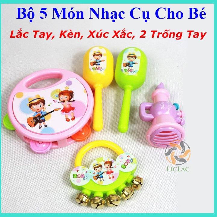 Bộ 5 món Đồ Chơi Nhạc Cụ cho bé - Đồ chơi 5 chi tiết Lắc Tay, Kèn, Xúc Xắc, Trống Tay giúp bé tập Cầm Nắm, Nhận Biết Màu Sắc và Làm Quen Âm Thanh