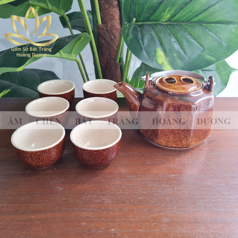 Bộ ấm chén Bát Tràng men bóng dáng tích 350ml màu nâu
