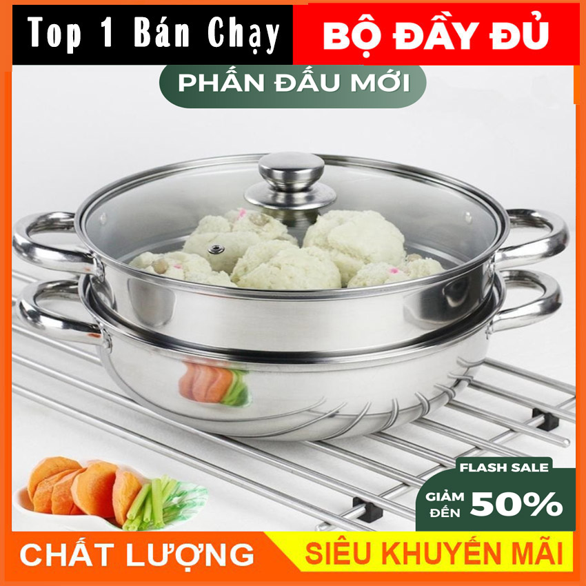 Nồi xửng hấp inox 2 tầng đa năng thailand , nồi hấp bánh bao , bộ xửng hấp inox 28cm - nồi hấp đa năng 2 tầng cao cấp nắp kính , dùng được cho mọi loại bếp.