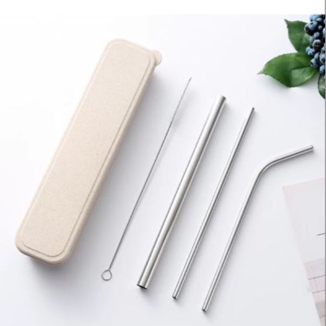 Bộ 3 ống hút inox 304 tặng kèm cọ rửa và hộp lúa mạch, hộp 3 ống hút inox 304 kèm que cọ rửa