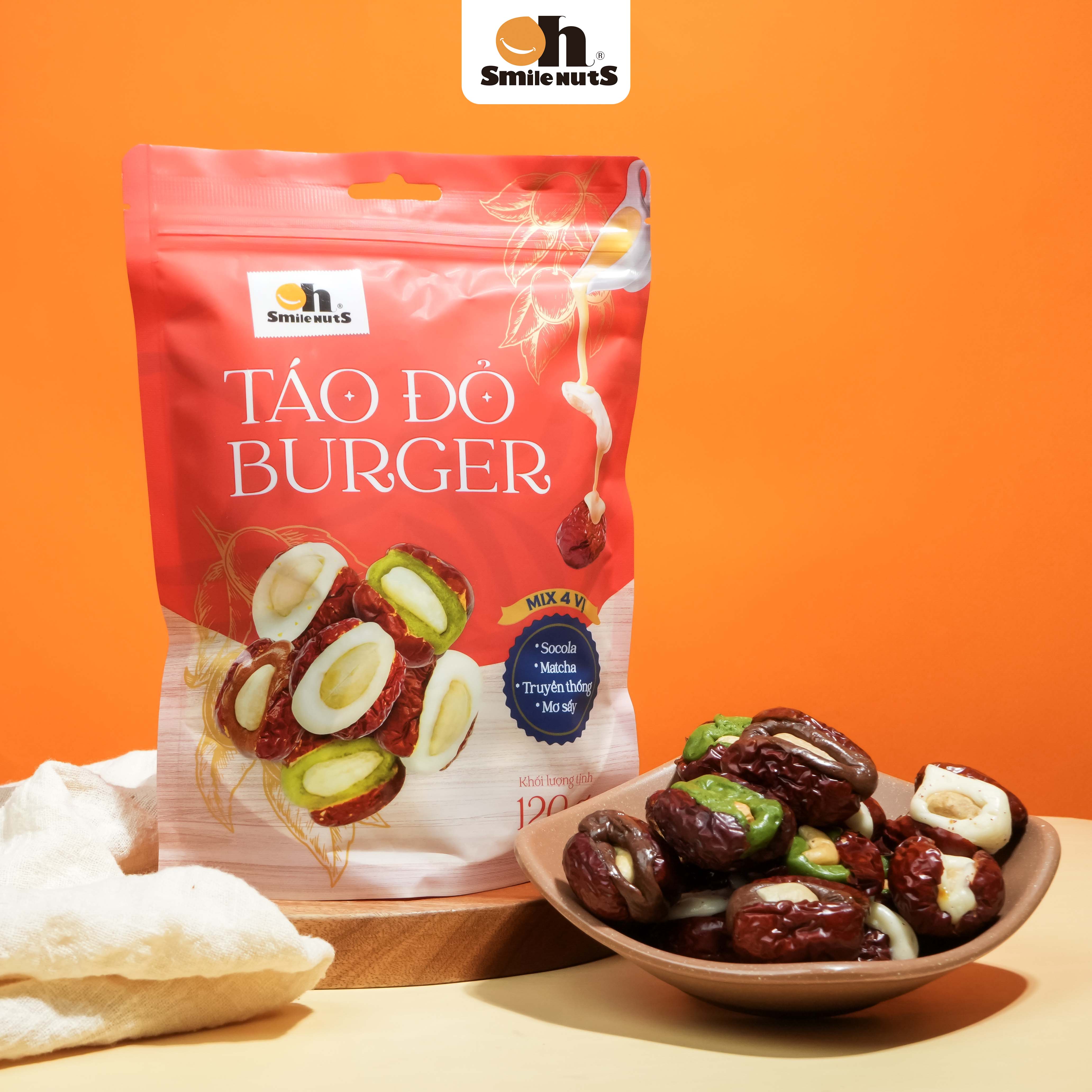 Táo Đỏ Burger 4 Vị Oh Smile Nuts túi zip 120g – Ăn Vặt Lành Mạnh, Táo Đỏ Kẹp Marshmallow Hạt Điều