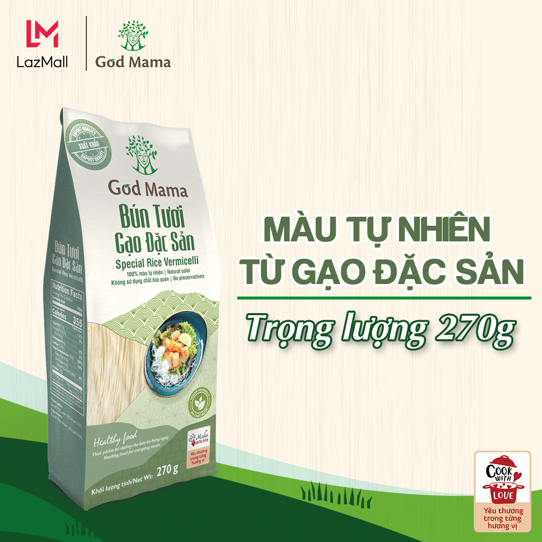 Bún Tươi Gạo Đặc Sản God Mama - 270gr - Tiện lợi - Sợi bún dai, thơm vị tự nhiên -  An toàn cho sức khỏe - Phù hợp cho những người muốn giảm cân