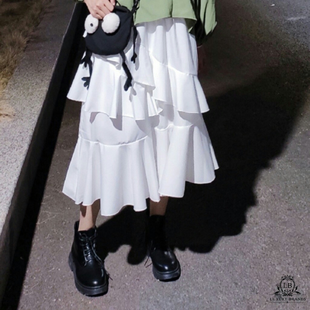 CHÂN VÁY DÁNG DÀI TẦNG XÒE BÈO VẠT CHÉO CẠP CAO CHUN TRẮNG ĐEN BASIC THỜI TRANG ULZZANG HÀN QUỐC ẢNH THẬT