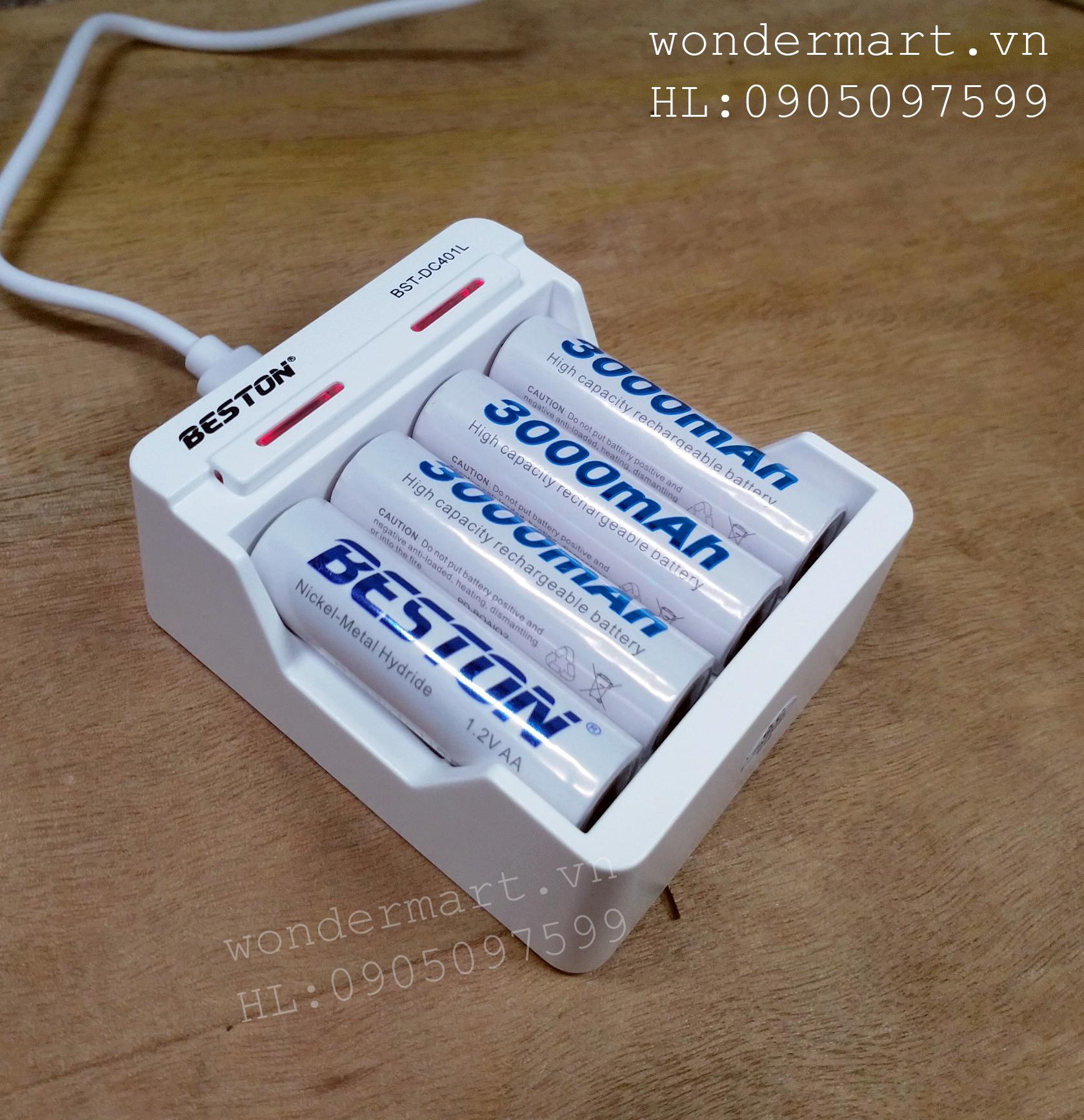 Bộ sạc pin AA, AAA Beston đầy tự ngắt kèm 4 pin 3000mAh