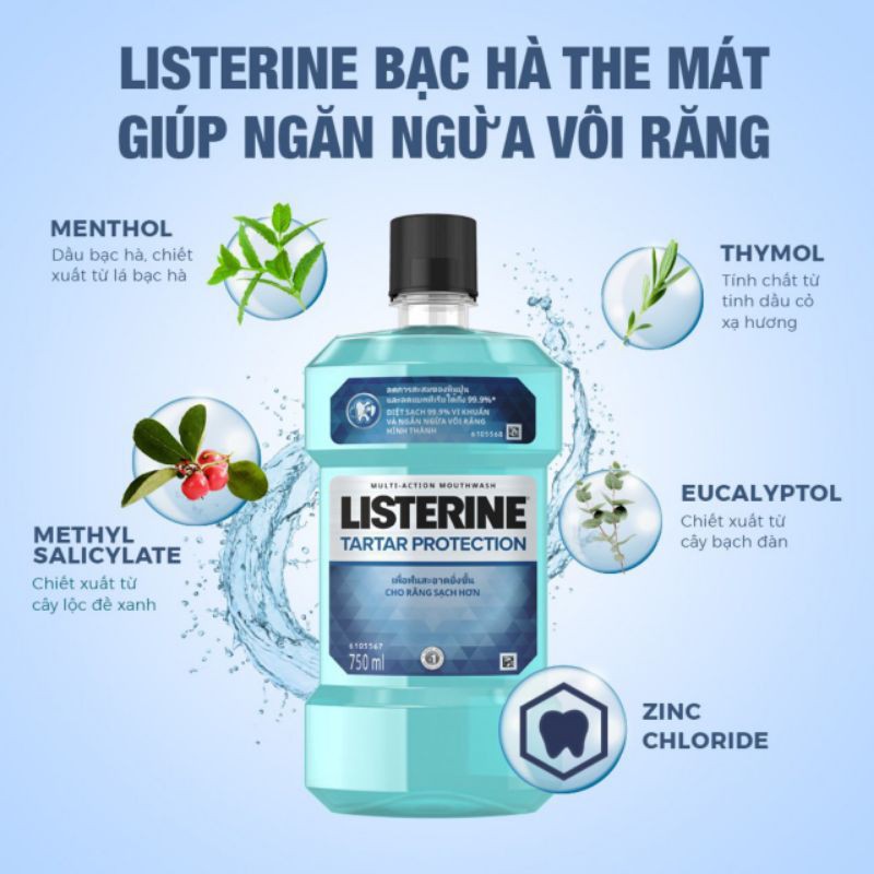 Nước súc miệng 750ml Listerine Tartar Protection ngăn ngừa vôi răng