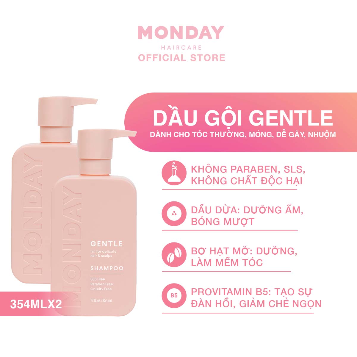 Combo 2 Dầu gội Dầu gội dành cho da đầu nhạy cảm, tóc mỏng, dễ gãy Monday Gentle 354ml