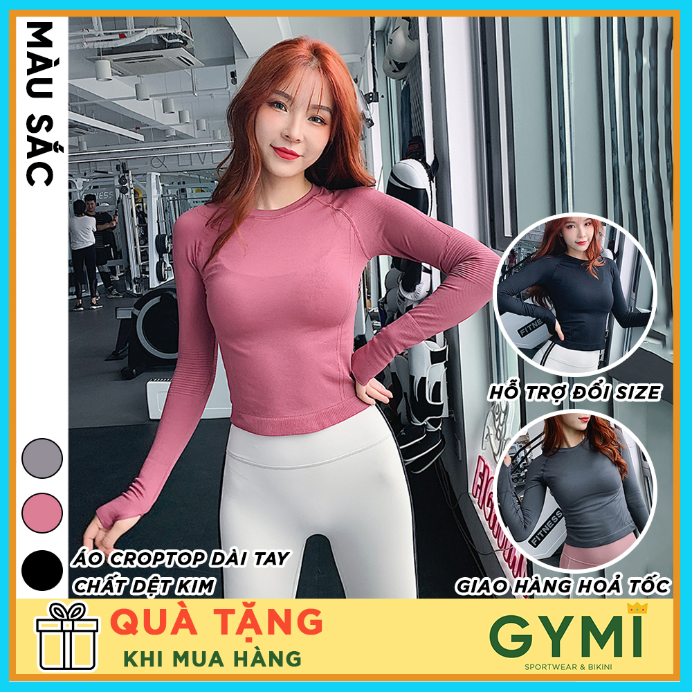 Áo tập gym yoga nữ dài tay GYMI AD18 dáng lửng thể thao logo C'mon Gymicon in sau lưng chất dệt cao cấp