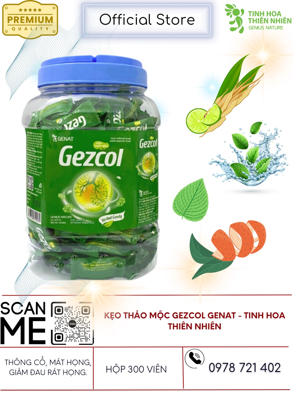 Kẹo thảo mộc Gezcol (Hủ 300 viên) - Genat - Tinh Hoa Thiên Nhiên