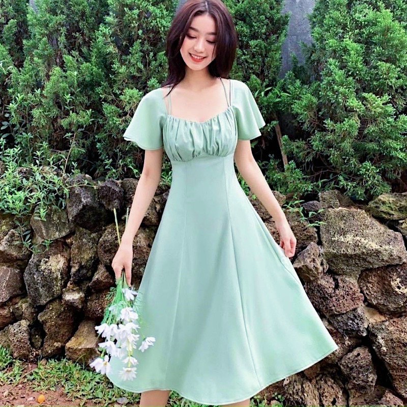 Đầm nữ dự tiệc cổ vuông nhúng ngực phối dây tay loe sành điệu, đầm nữ form dài dáng xòe màu xanh mint trắng đen - dx533