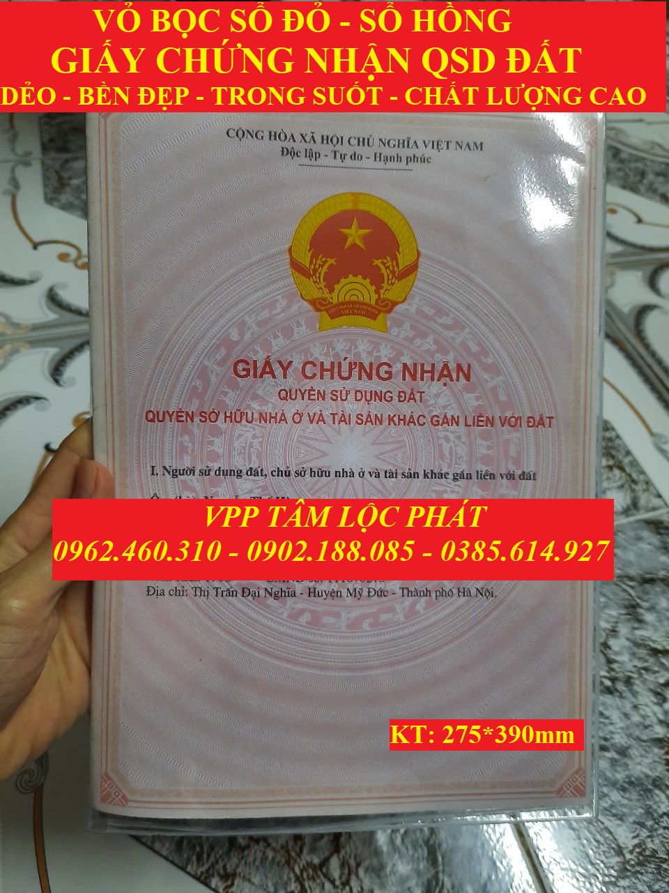 VỎ BỌC SỔ ĐỎ, sổ hồng, Giấy chứng nhận quyền sử dụng đất, KT 275*390mm, nhựa PVC dẻo, trong suốt (XƯỞNG SẢN XUẤT)