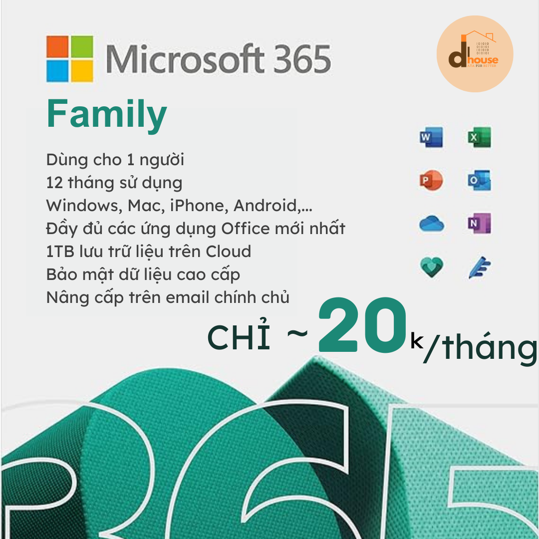 Phần mềm Microsoft Office 365 Family | 12 tháng | Dành cho 1 người| 5 thiết bị/người | 1TB lưu trữ OneDrive